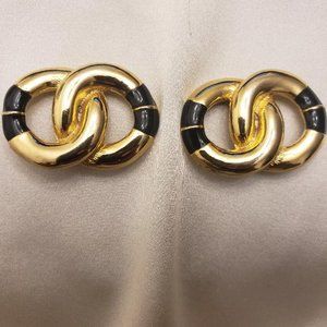 BLUETTE MADE IN FRANCE INTERLOCK CIRCLES GOLD TONE WITH BLACK ENAMEL SHOE CLIPS